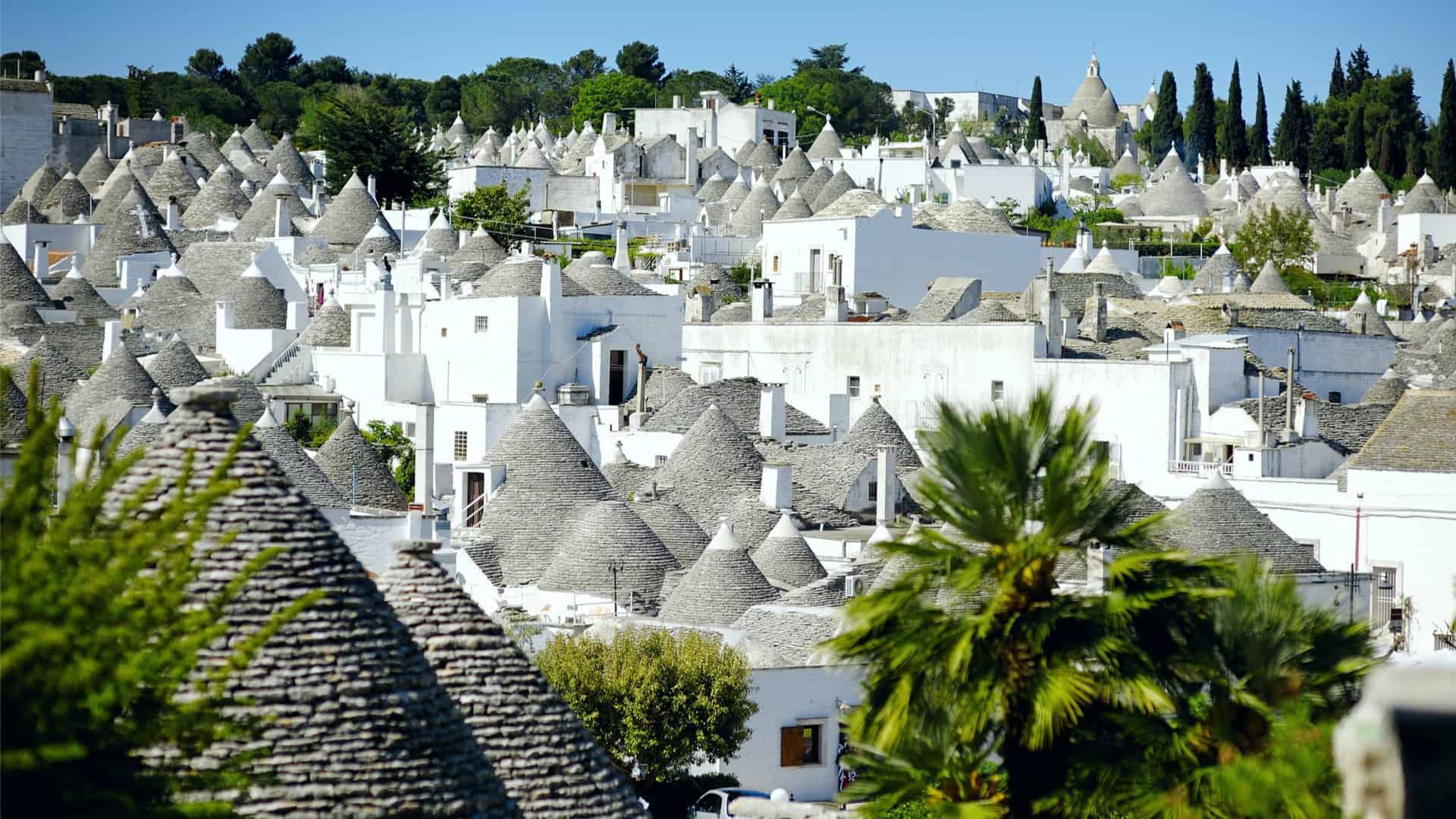 Whitewashed trulli among olive groves in Valle d'Itria